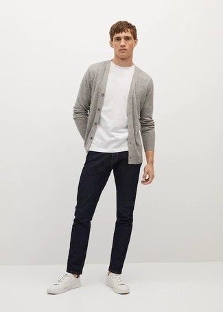 Men's Grey Cardigan, White Crew-neck T-shirt, Navy Jeans, White Canvas Low Top Sneakers