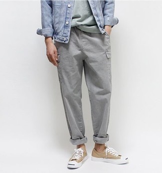 Men's Tan Canvas Low Top Sneakers, Grey Cargo Pants, Mint Crew-neck T-shirt, Light Blue Denim Jacket