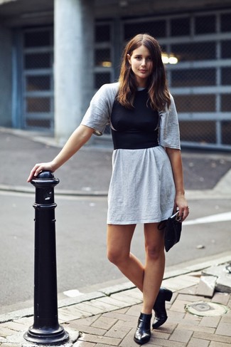 Women's Grey Casual Dress, Black Cropped Top, Black Leather Ankle Boots, Black Leather Clutch
