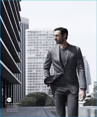 Grey Check Blazer Outfits For Men: Marry a grey check blazer with grey dress pants to look like a true fashion expert.