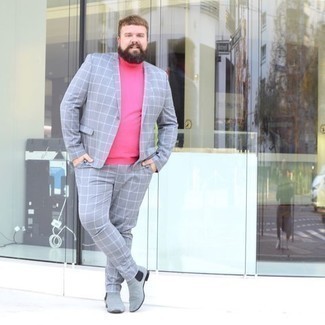 Men's Grey Check Suit, Hot Pink Turtleneck, Grey Suede Chelsea Boots