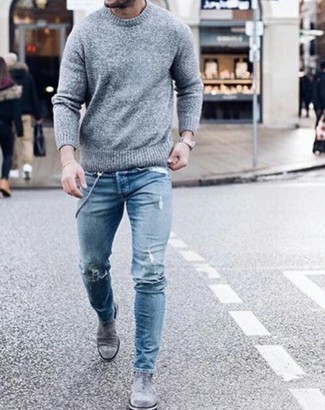 Men's Silver Watch, Grey Suede Chelsea Boots, Blue Ripped Skinny Jeans, Grey Crew-neck Sweater