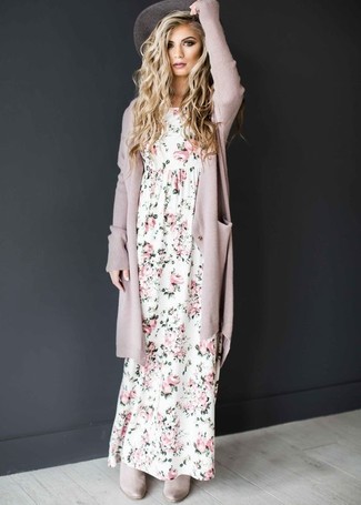 Women's Grey Hat, Grey Suede Chelsea Boots, White Floral Maxi Dress, Pink Open Cardigan