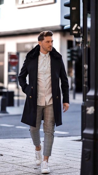 Men's White Canvas Low Top Sneakers, Grey Plaid Chinos, Beige Long Sleeve Shirt, Navy Fur Collar Coat