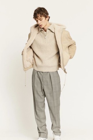 Men's White Canvas High Top Sneakers, Grey Plaid Chinos, Beige Zip Neck Sweater, Beige Shearling Jacket