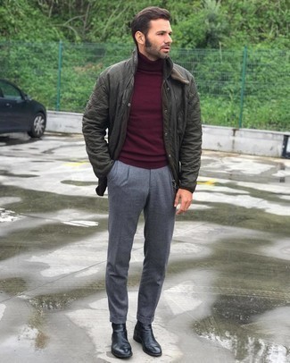 Men's Black Leather Chelsea Boots, Grey Chinos, Burgundy Turtleneck, Olive Quilted Field Jacket