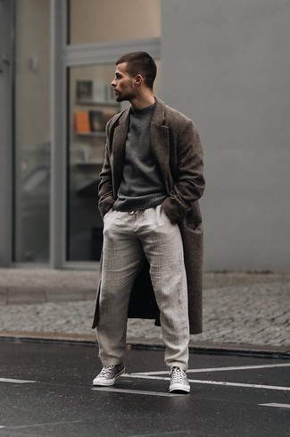 Men's Grey Canvas High Top Sneakers, Grey Linen Chinos, Charcoal Crew-neck Sweater, Dark Brown Overcoat