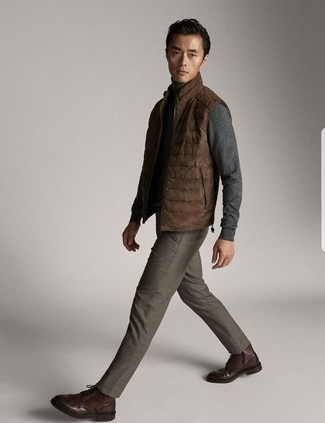 Men's Dark Brown Leather Brogue Boots, Grey Chinos, Charcoal Turtleneck, Dark Brown Quilted Suede Gilet