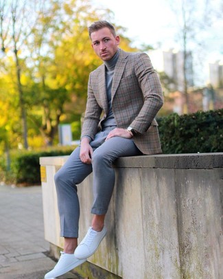 Men's White Leather Low Top Sneakers, Grey Chinos, Grey Turtleneck, Brown Check Blazer