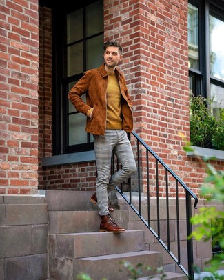 Mustard Crew-neck Sweater with Grey Plaid Chinos Outfits: 