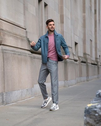 Pink Crew-neck Sweater Casual Outfits For Men: 