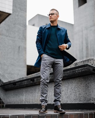 Teal Crew-neck Sweater with Grey Chinos Outfits: 