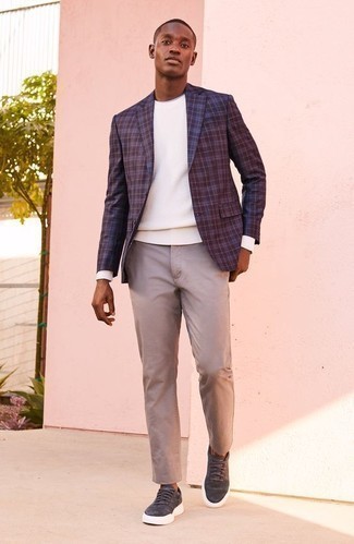 Navy Plaid Blazer Spring Outfits For Men In Their 20s: 