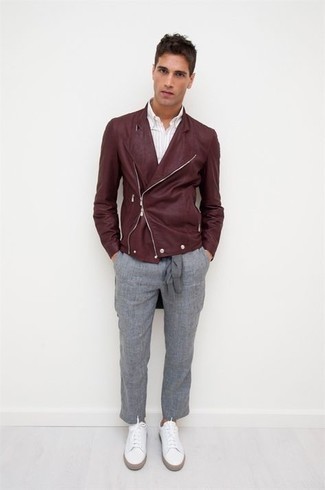 Men's White Canvas Low Top Sneakers, Grey Chinos, White Vertical Striped Long Sleeve Shirt, Burgundy Leather Biker Jacket