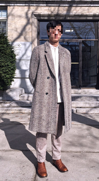 Grey Herringbone Overcoat Outfits: 