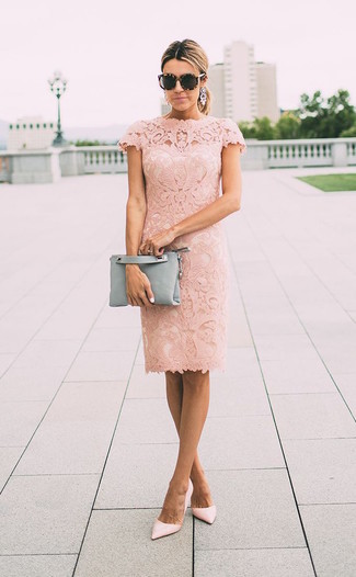 Women's Pink Earrings, Grey Leather Clutch, Pink Leather Pumps, Pink Lace Sheath Dress
