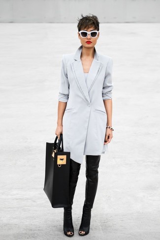 Women's Grey Coat, Black Leather Over The Knee Boots, Black Leather Tote Bag, Black and White Sunglasses
