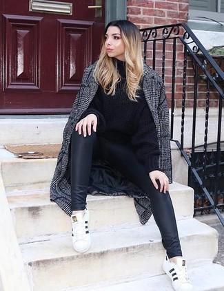 Women's Grey Plaid Coat, Black Knit Oversized Sweater, Black Leather Leggings, White Leather Low Top Sneakers