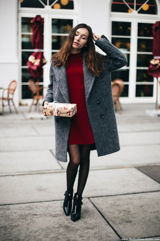 Black Polka Dot Tights with Burgundy Sweater Dress Outfits (3