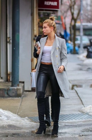 Hailey Baldwin wearing Grey Coat, White Cropped Top, Black Leather Leggings,  Black Suede Over The Knee Boots