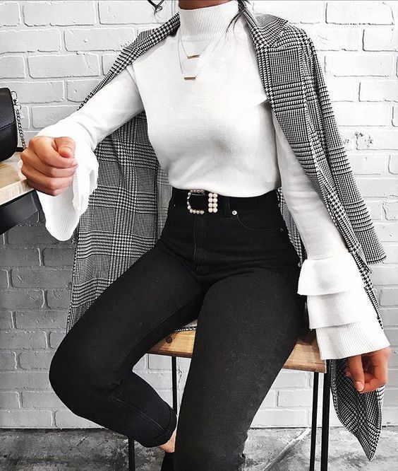 Women s Grey Houndstooth Coat White Turtleneck Black Skinny