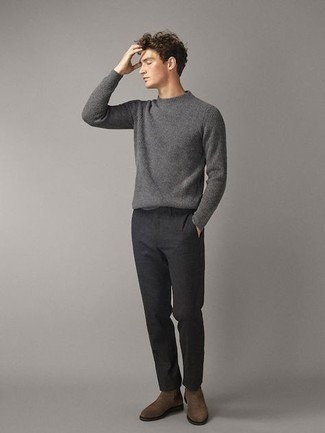 Brown Suede Chelsea Boots Outfits For Men: Why not team a grey crew-neck sweater with black chinos? As well as very functional, these two items look great paired together. Introduce a pair of brown suede chelsea boots to the equation for an instant style fix.