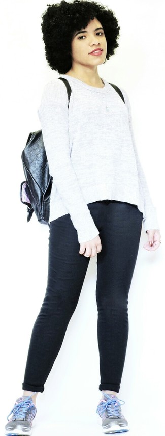 Women's Grey Crew-neck Sweater, Black Leggings, Grey Athletic Shoes, Black Leather Backpack