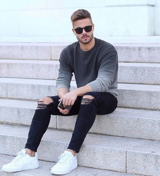 Men's Grey Ombre Crew-neck Sweater, Black Ripped Skinny Jeans, White Leather Low Top Sneakers, Dark Brown Sunglasses