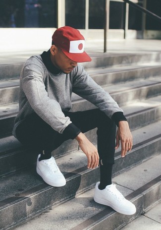 Burgundy Print Baseball Cap Outfits For Men: This pairing of a grey crew-neck sweater and a burgundy print baseball cap is hard proof that a simple casual outfit can still look really interesting. To give this look a more refined touch, why not add white low top sneakers to this ensemble?