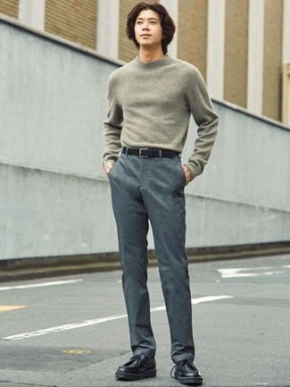 Black Suede Belt Outfits For Men: To pull together an off-duty ensemble with a fashionable spin, opt for a grey crew-neck sweater and a black suede belt. Add a pair of black leather desert boots to the mix to avoid looking too casual.