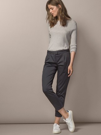 Women's Grey Crew-neck Sweater, Charcoal Dress Pants, White Leather Low Top Sneakers
