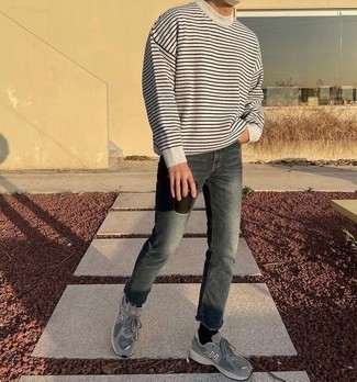 Men's Grey Horizontal Striped Crew-neck Sweater, Charcoal Jeans, Grey Athletic Shoes, Black Socks