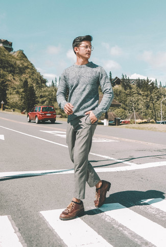 Brown Leather Derby Shoes Outfits: If you appreciate the comfort look, try pairing a grey crew-neck sweater with grey wool chinos. A pair of brown leather derby shoes will immediately lift up your outfit.
