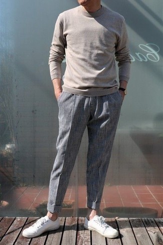 Charcoal Check Chinos Outfits: A grey crew-neck sweater and charcoal check chinos are a good pairing to add to your day-to-day styling collection. The whole outfit comes together quite nicely if you introduce white canvas low top sneakers to the equation.