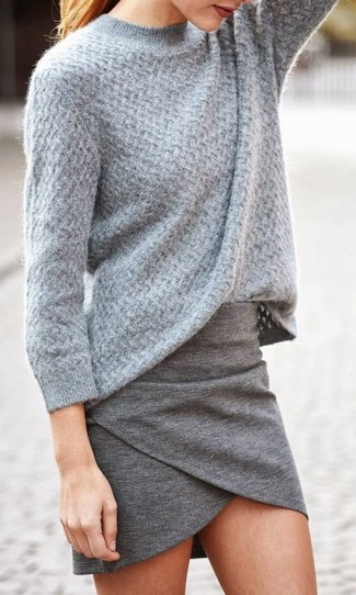 Grey Crew-neck Sweater Outfits For Women: This combo of a grey crew-neck sweater and a grey mini skirt is simple, incredibly stylish and oh-so-easy to recreate!