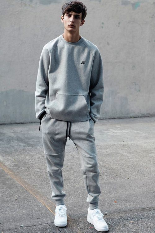 Men's Grey Crew-neck Sweater, Grey Sweatpants, White Low Top Sneakers |  Lookastic