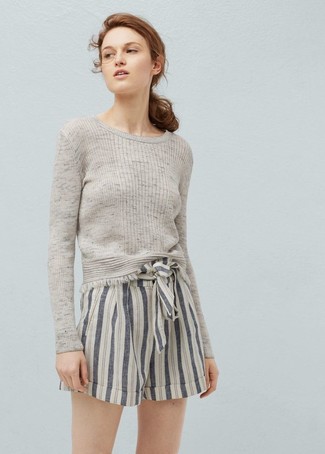500+ Casual Summer Outfits For Women: A grey crew-neck sweater and grey vertical striped linen shorts are must-have items, without which no wardrobe would be complete. It is indeed possible to remain cool yet pulled-together under the summer heat. The proof is right here