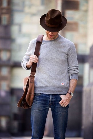 Men's Grey Crew-neck Sweater, Navy Jeans, Brown Canvas Messenger Bag, Dark Brown Wool Hat