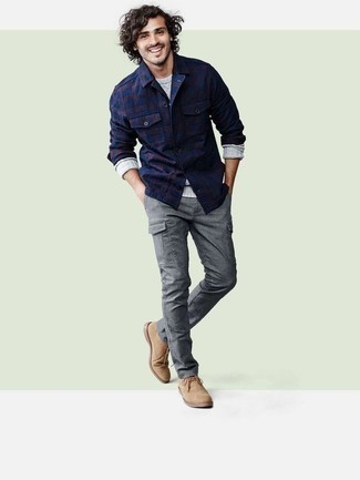 Grey Pants with Plaid Shirt Outfits For Men: A plaid shirt and grey pants will inject serious style into your day-to-day casual wardrobe. Why not throw in tan suede desert boots for a touch of class?