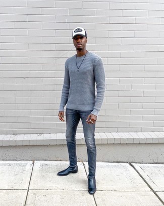 White Print Baseball Cap Outfits For Men: A grey crew-neck sweater and a white print baseball cap are perfect as a look for lazy days. Black leather chelsea boots will infuse an extra dose of style into an otherwise mostly casual ensemble.