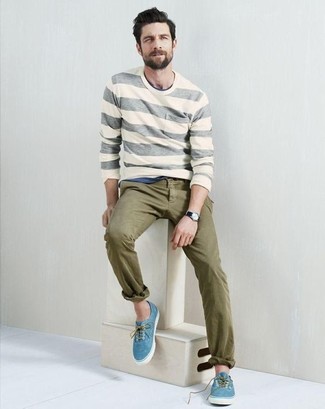 Light Blue Plimsolls Outfits For Men: A grey horizontal striped crew-neck sweater and olive chinos married together are a match made in heaven for gents who love neat and relaxed combinations. Complete this ensemble with light blue plimsolls and the whole getup will come together really well.