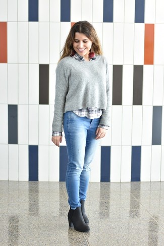 Women's Grey Crew-neck Sweater, White and Navy Plaid Dress Shirt, Light Blue Ripped Skinny Jeans, Black Leather Ankle Boots