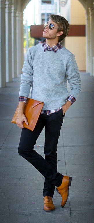 Men's Grey Crew-neck Sweater, White and Red and Navy Plaid Long Sleeve Shirt, Navy Chinos, Tan Leather Oxford Shoes
