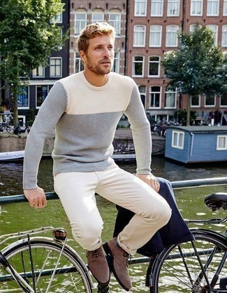 Men's Grey Crew-neck Sweater, White Jeans, Brown Suede Derby Shoes, Navy Horizontal Striped Socks