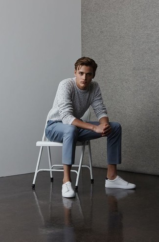 Aquamarine Chinos Outfits: If you're on the hunt for a relaxed yet on-trend look, marry a grey crew-neck sweater with aquamarine chinos. Complement your outfit with a pair of white leather low top sneakers to bring a sense of stylish casualness to this getup.