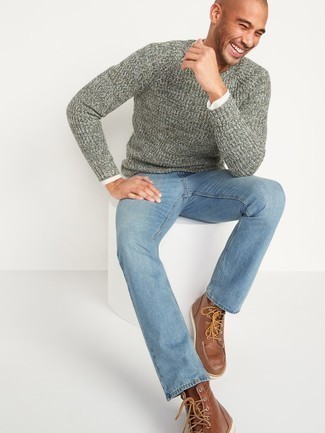 Light Blue Jeans Outfits For Men: Want to infuse your menswear arsenal with some effortless dapperness? Dress in a grey crew-neck sweater and light blue jeans. To add a bit of zing to your getup, add brown leather casual boots to the equation.