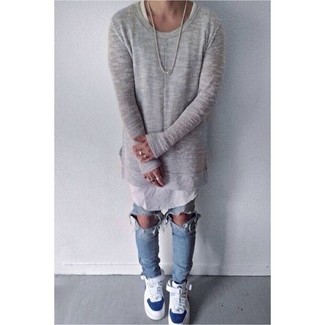 Men's Grey Crew-neck Sweater, White Tank, Light Blue Ripped Skinny Jeans, White and Blue High Top Sneakers