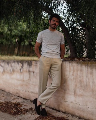 Black Suede Loafers Outfits For Men: Teaming a grey crew-neck t-shirt with beige linen chinos is an on-point pick for a casual ensemble. And if you wish to instantly step up this ensemble with one item, why not complement this ensemble with black suede loafers?