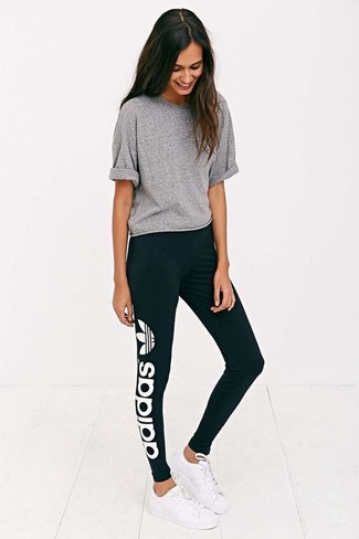 Women's Grey Crew-neck T-shirt, Black and White Print Leggings, White Leather Low Top Sneakers