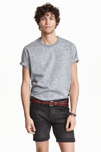 Men's Grey Crew-neck T-shirt, Black Denim Shorts, Brown Woven Leather Belt